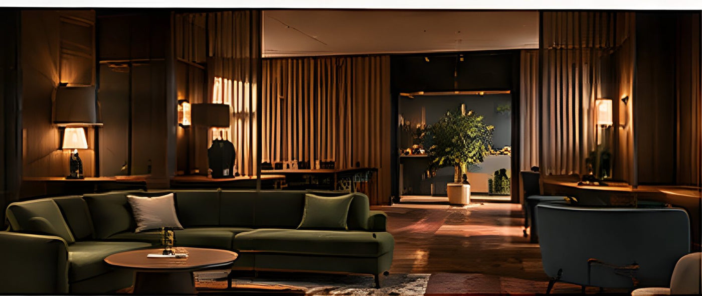 Members club lounge with green velvet sofas and warm lighting