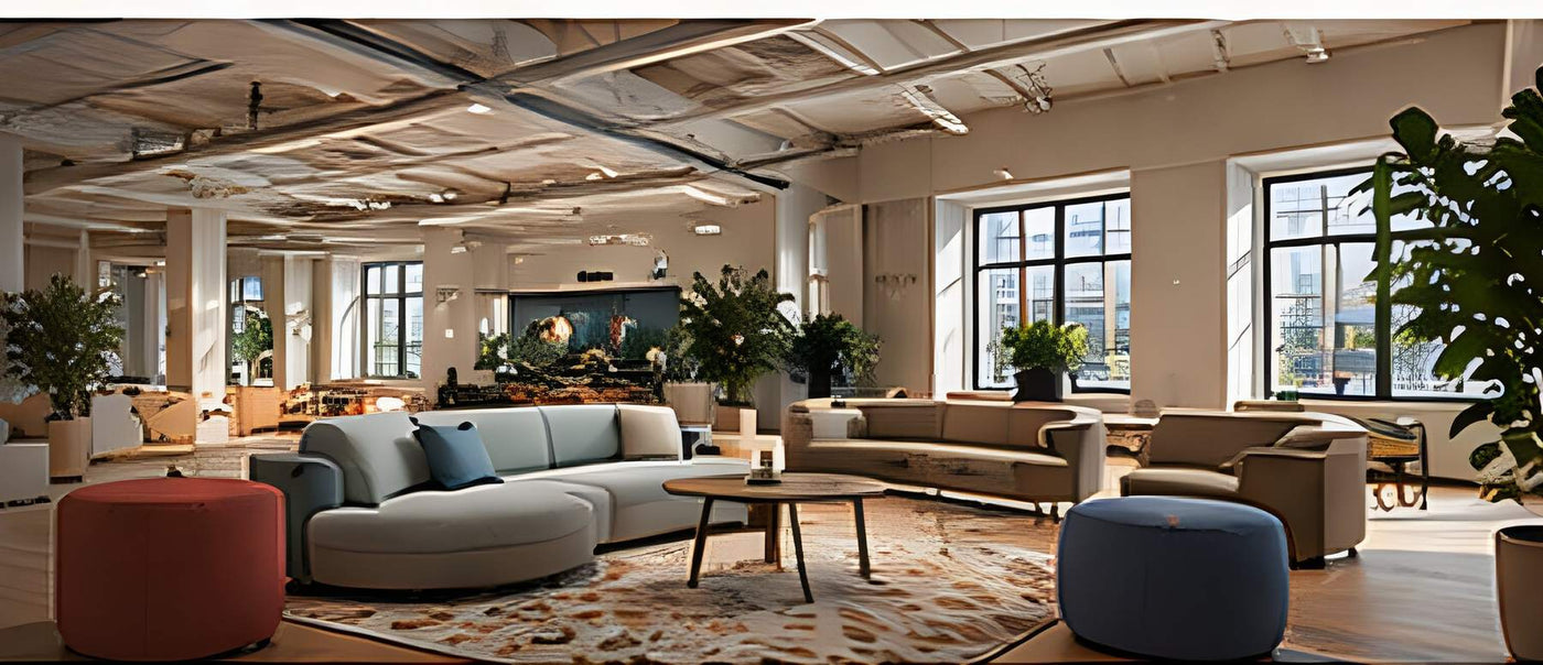 Office breakout area with modular sofas, poufs and coffee tables